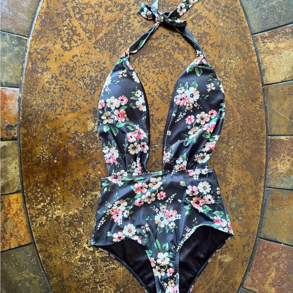 Black Floral Halter One-Piece Swimsuit